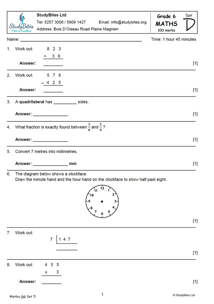 Grade 6 Mock Papers Set D (5 in 1)