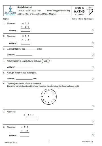 Grade 6 Mock Papers Set D (5 in 1)
